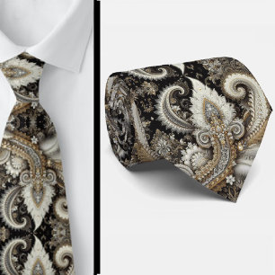 Black White Gold Lace Paisley Diamond Neck Tie