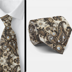 Black White Gold Lace Paisley Diamond Neck Tie