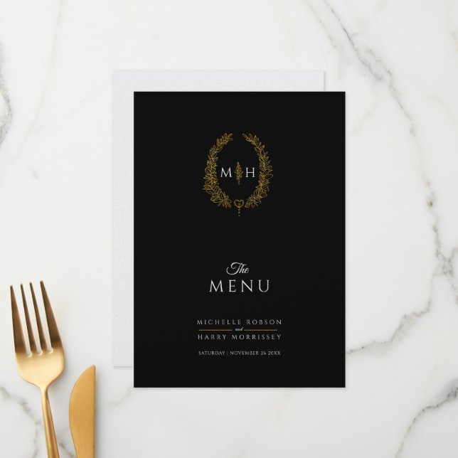 Black white gold leaf oval monogram wedding menu (Front/Back In Situ)