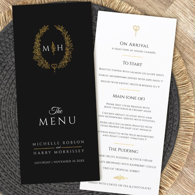 Black white gold leaf oval monogram wedding menu (Creator Uploaded)