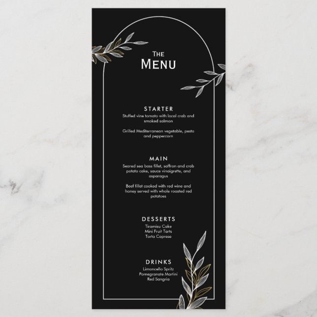 Black White Gold Leaf Wedding Event Menu Flat Card (Front)