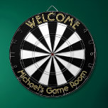 Black White Gold Man Cave Pub Game Night Dorm Room Dartboard<br><div class="desc">Create your own custom, personalised, fun, cool, stylish, black and white colour, faux gold font / typography / script / text, regulation size (18"diameter, 1"h) aluminium frame metal cage dart board. Comes with 6 brass darts (3 American flag dart flights and 3 UK dart flights). You may mount it anywhere...</div>