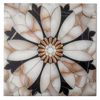 Black White Gold Marble Daisy Flower Mosaic Style Tile
