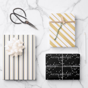 Black White & Gold Merry and Bright Stripes Wrapping Paper Sheet