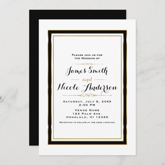 Black White & Gold Minimal Chic Elegant Wedding Invitation (Front/Back)