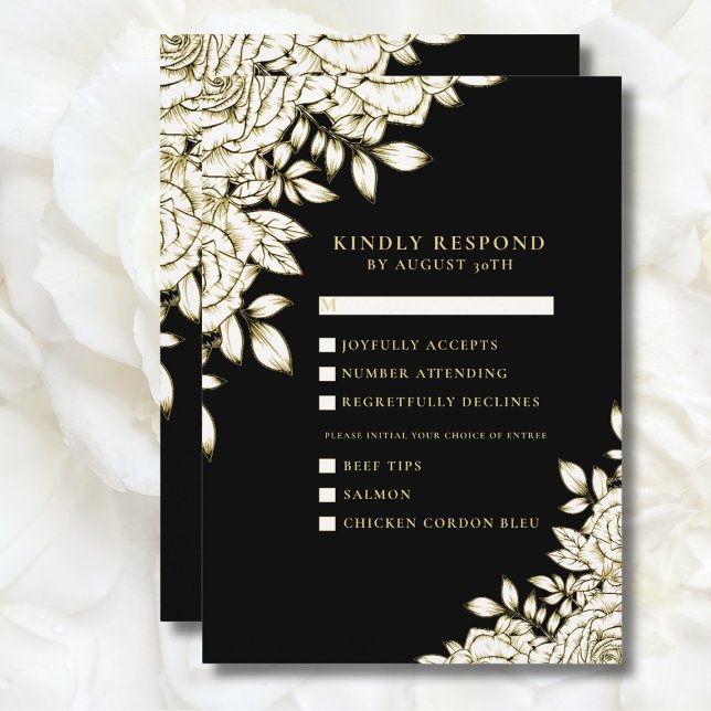 Black White Gold Minimal Modern Chic Floral RSVP Invitation (Creator Uploaded)