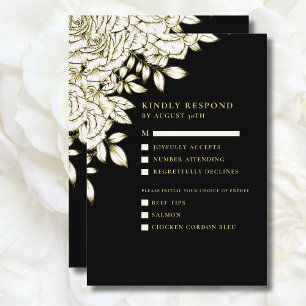 Black White Gold Minimal Modern Floral Chic RSVP Invitation