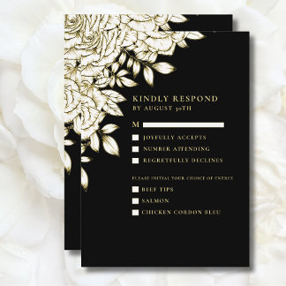 Black White Gold Minimal Modern Floral Chic RSVP Invitation