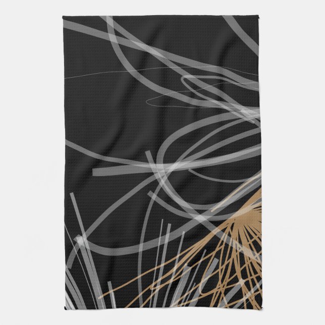 Black White & Gold Modern Abstract Ribbons Tea Towel (Vertical)