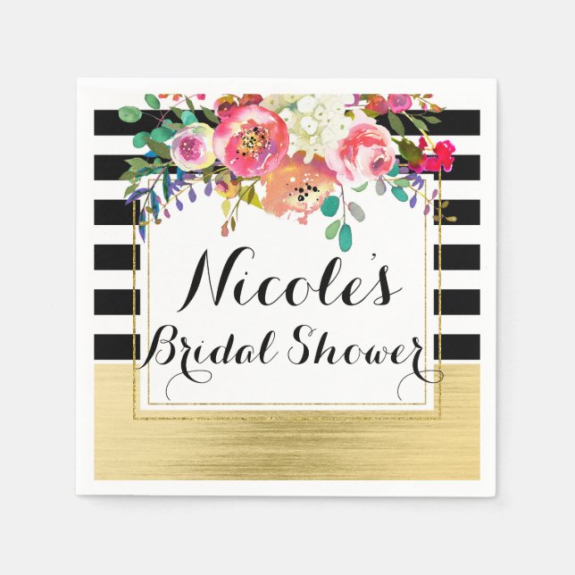 Black White Gold Modern Floral Glam Bridal Shower Napkin (Front)