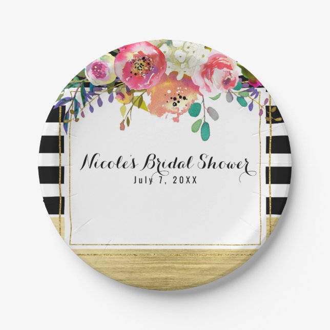 Black White Gold Modern Floral Glam Bridal Shower Paper Plate (Front)