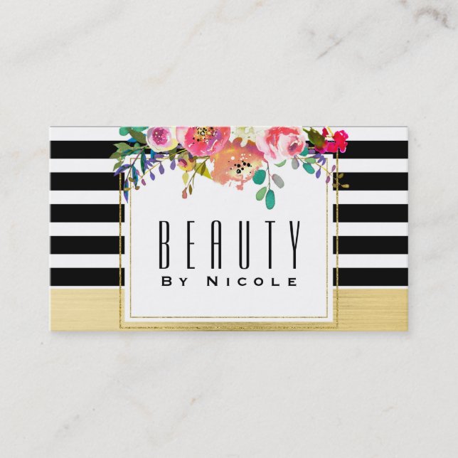 Black White Gold Modern Floral Glam Elegant Chic Business Card (Front)