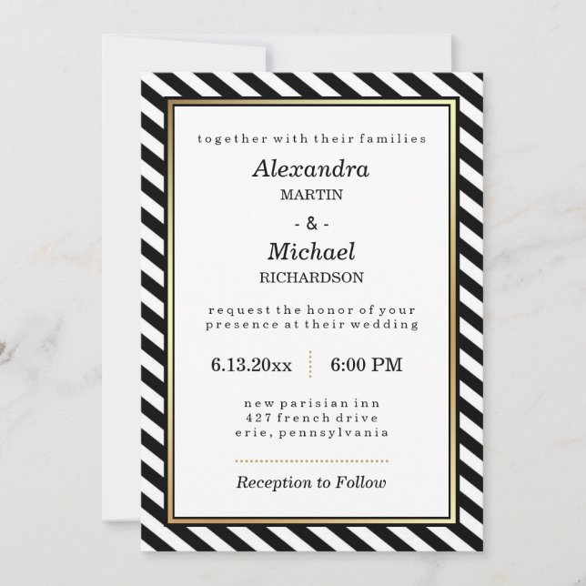 Black White Gold Modern Glam Stripes Wedding Invitation (Front)