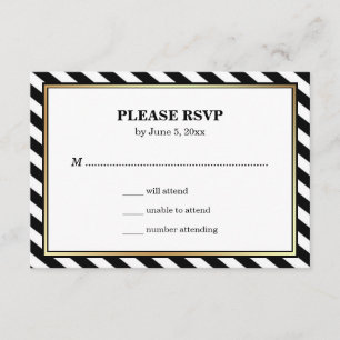 Black White Gold Modern Glam Stripes Wedding RSVP Card