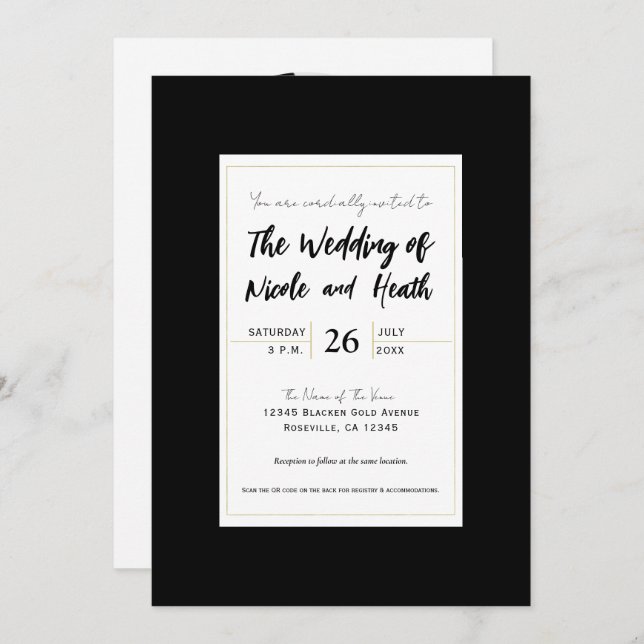 Black White Gold Modern Minimal Elegant Wedding Invitation (Front/Back)