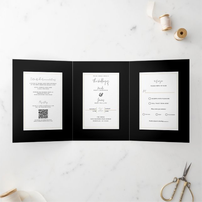 Black White Gold Modern Minimal Elegant Wedding Tri-Fold Invitation (Inside)