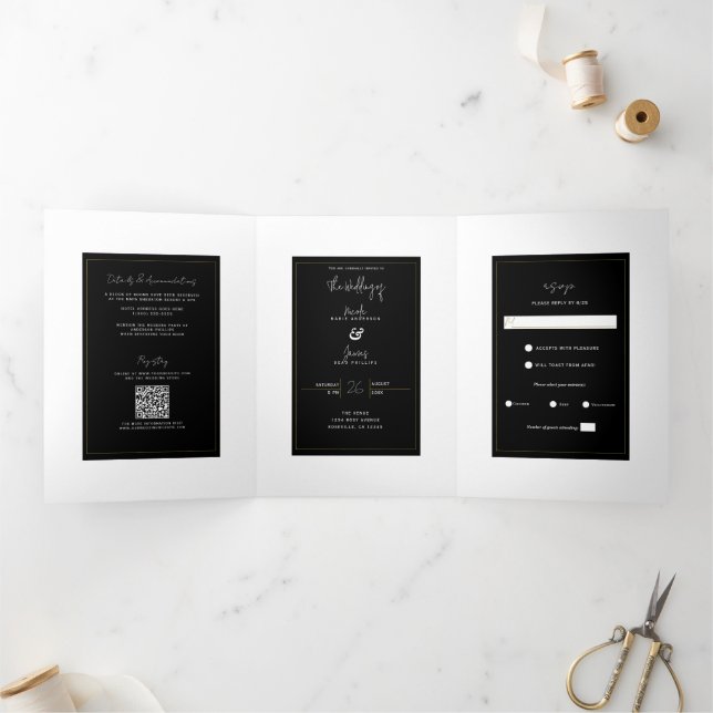Black White Gold Modern Minimal Elegant Wedding Tri-Fold Invitation (Inside)