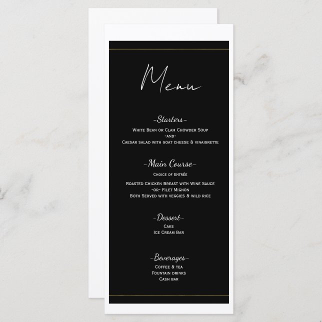Black White Gold Modern Minimal Wedding Menu (Front/Back)