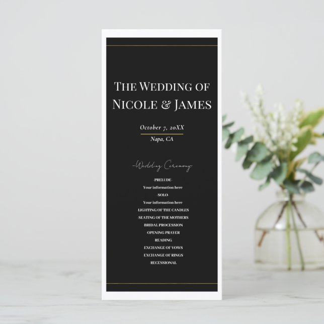 Black White Gold Modern Minimal Wedding Program Programme (Standing Front)