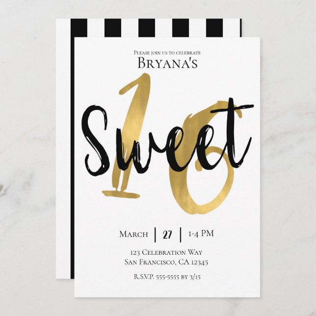 Black White Gold Modern Sweet 16 Birthday Party Invitation (Front/Back)