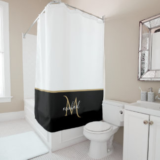 Black | White & Gold Monogram Elegant Luxury Shower Curtain