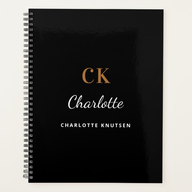 Black white gold monogram initails name planner (Front)