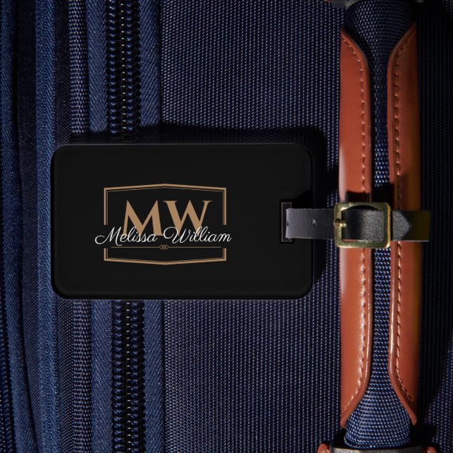 Black White Gold Monogram Name Luggage Tag (Front Insitu 4)