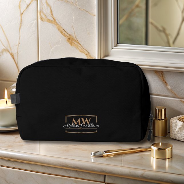 Black White Gold Monogram Name Script Dopp Kit (Creator Uploaded)