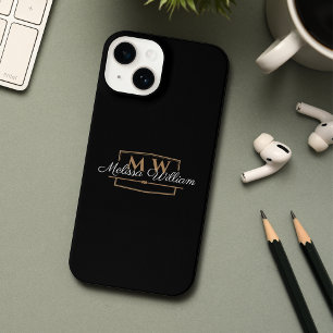 Black White Gold Monogram Name Script iPhone 14 Case