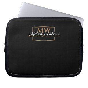 Black White Gold Monogram Name Script Laptop Sleeve