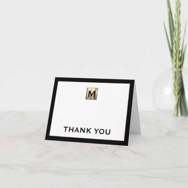 Black White Gold Monogram Thank You Note Card (Front)