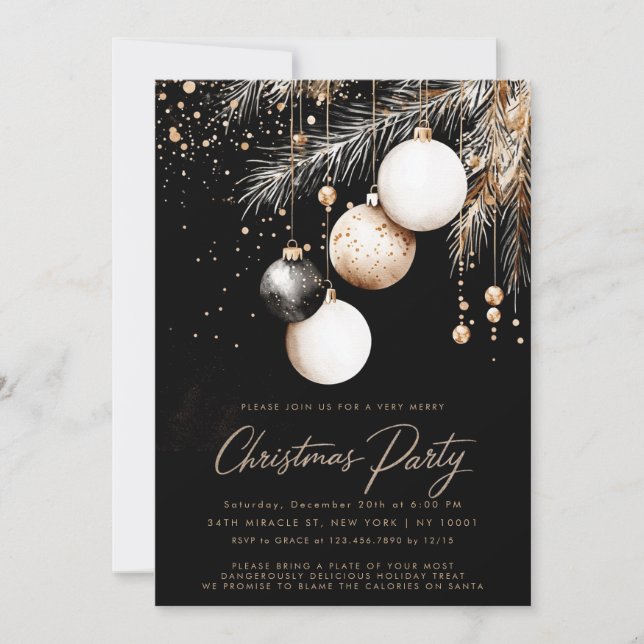 Black White Gold Ornaments Baubles Christmas Party Invitation (Front)