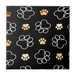 Black White Gold Paw Print Pattern Tile