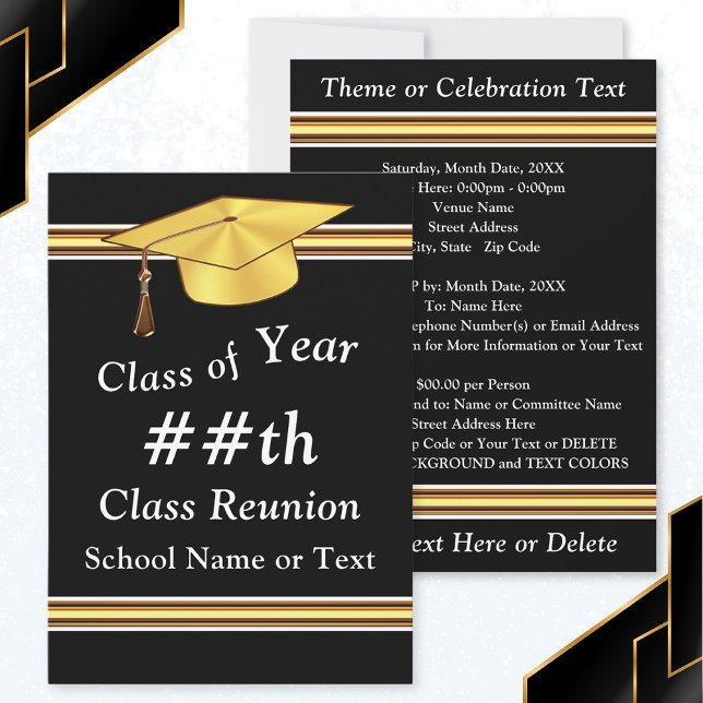 Black, White, Gold, Personalised Class Reunion  Invitation (Personalized Black Gold, Class Reunion Invitations. 50th, 40th, 30th class reunion invitations.)