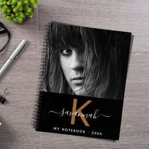 Black white gold photo monogram script notebook