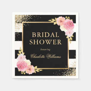 Black White Gold Pink Floral Bridal Shower Napkin