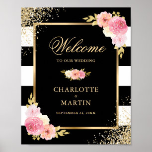 Black White Gold Pink Floral Wedding Welcome Sign