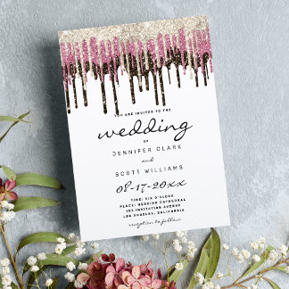 Black white gold pink glam glitter drips wedding invitation