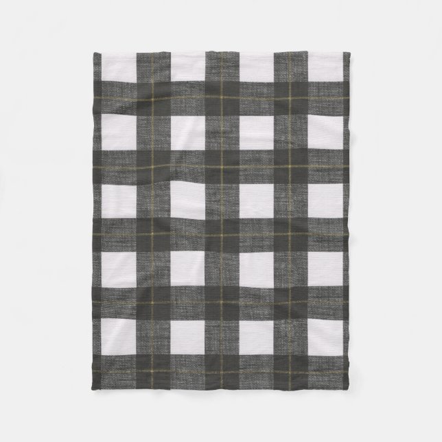 Black White Gold Plaid Fleece Blanket (Front)