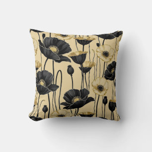 Black, white & Gold Poppies Cushion