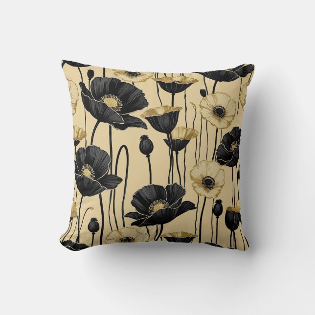 Black, white & Gold Poppies Cushion (Front)