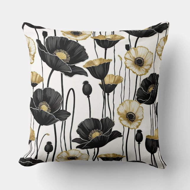 Black, white & Gold Poppies Cushion (Front)