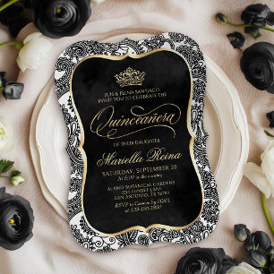 Black White Gold Quinceañera Invitation