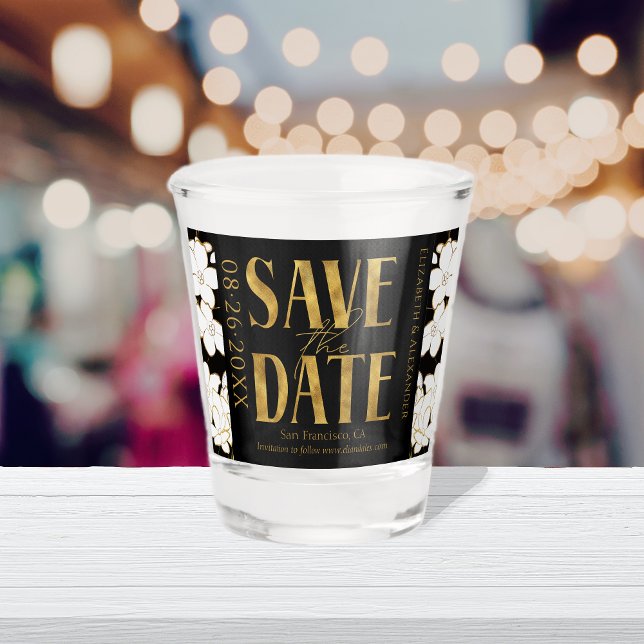 Black & White Gold Script Wedding Save the Date Shot Glass (Creator Uploaded)