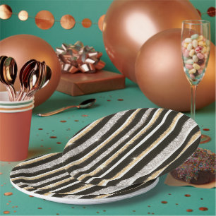 Black White Gold Silver Glitter Stripes New Year's Paper Plate
