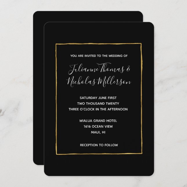 Black White Gold Simple Chic Wedding Invites (Front/Back)
