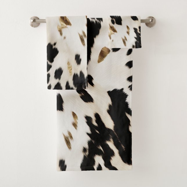 Black White Gold Southwest Cowhide Bridal Shower Bath Towel Set (Insitu)