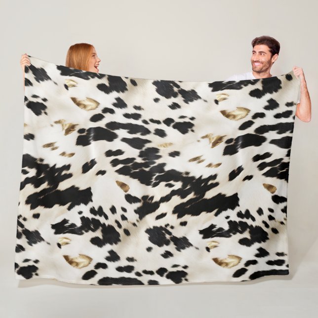 Black White Gold Southwest Cowhide  Fleece Blanket (In Situ)