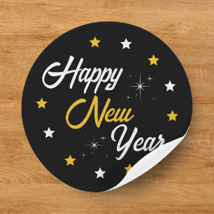 Black White & Gold Star Happy New Year 2024 Classic Round Sticker