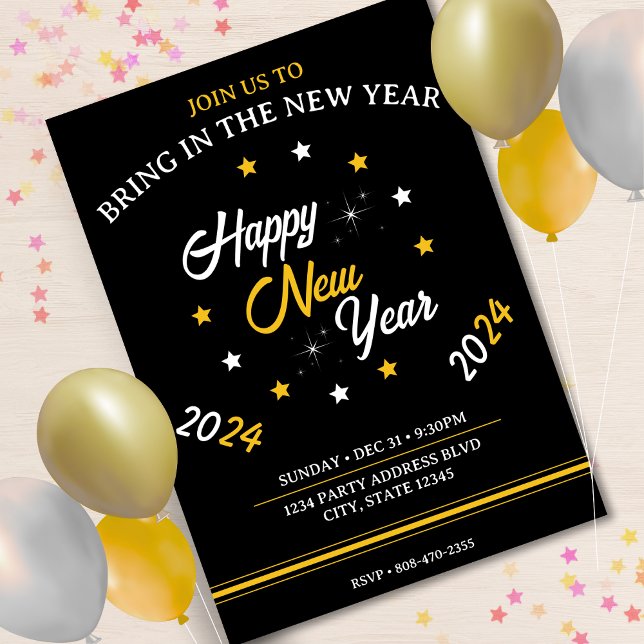Black White & Gold Star Happy New Year 2024 Invitation (Black White & Gold Star Happy New Year 2024 Invitation)